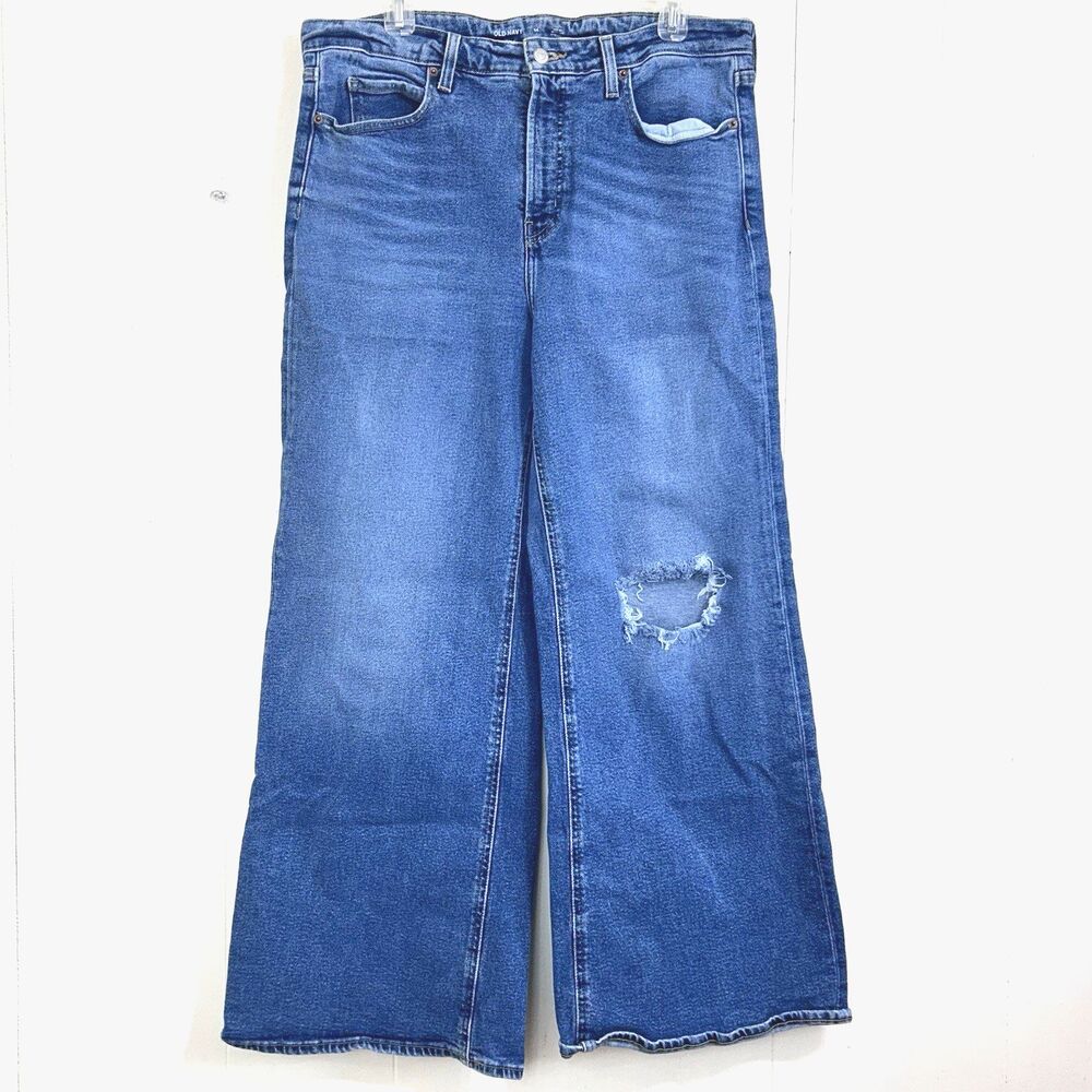 Old Navy Sky-Hi Wide Leg High Rise Blue Distressed Stretch Denim Jeans Size 14